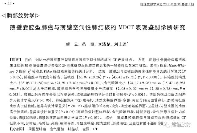 薄壁囊腔型肺癌与薄壁空洞性肺结核的MDCT表现鉴别诊断研究 薄壁囊腔型肺癌与薄壁空洞性肺结核的MDCT表现鉴别诊断研究